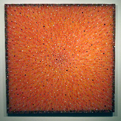 Charles Spurrier, Pink Bombs the Moon, 2010
Tape, pigment, paper photographs (pearls), steel, 60 x 60 inches (152 x 152 cm)