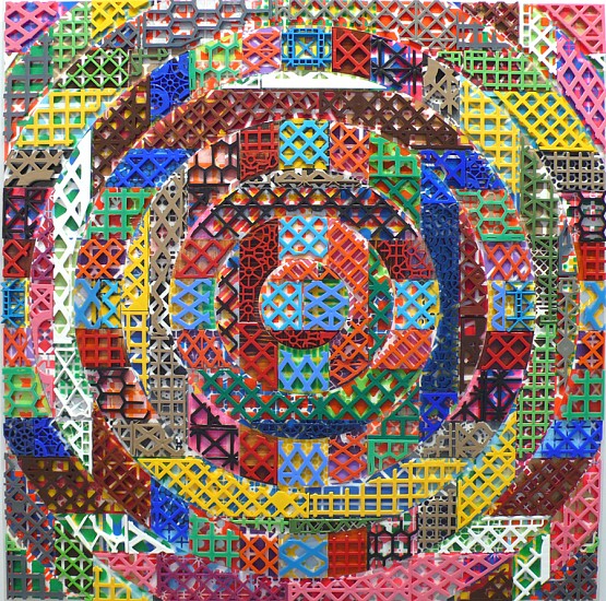Charles Spurrier, Systematic Counter Advance, 2012
Spray paint, plastic, paper, tape, plexiglass, wood, wire, 48 x 48 inches (122 x 122 cm)