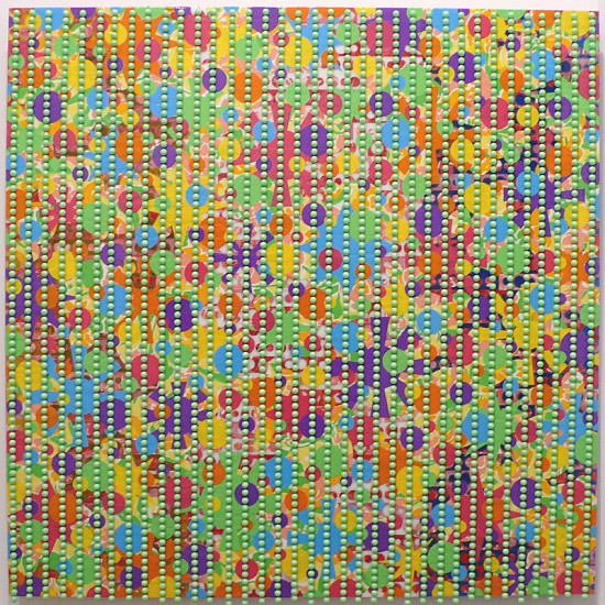 Charles Spurrier, Constant Threshold, 2009
Tape, pigment, adhesive vinyl, plastic beads, plexiglass, wood, 36 x 36 inches (91 x 91 cm)