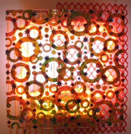 Charles Spurrier, Highlife, 2009-2010
Tape, dry pigment, adhesive vinyl, plastic beads, plastic crate, plexiglass, neon light, wood, 28 x 25 x 8 inches (71 x 63 x 20 cm)