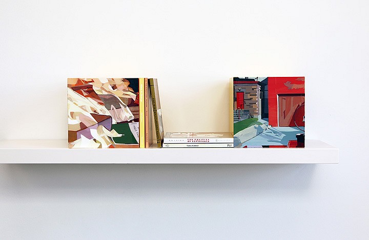 Maria Park, Bookends Set 4, 2014
Acrylic on plexiglas cubes and 5 books on shelf, Books: Chris Kraus, Where Art Belongs, Semiotexte (2011); John Muir, All the World Over, Sierra Club (1996); John Muir, Mountaineering Essays, Peregrine Smith Books (1984); Joseph Conrad,, Tales of Unrest, Penguin Modern Classics (1977); R.D. Liang, The Politics of Experience, Pantheon (1967), Cubes: 7 x 7 x 7 inches each (17.75 x 17.75 cm) Shelf: 1.5 x 36 x 8 inches (4 x 91 x 20 cm)