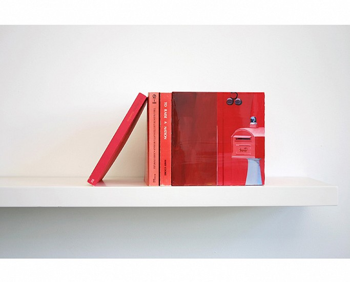 Maria Park, Bookend Set 5, 2014
Acrylic on plexiglas cube and 3 books on shelf, Books: Ted Hughes, Gaudette, Faber and Faber (1977); John Fowles, The French Lieutenant's Woman, Signet (1969); Mary Cooke, To Raise a Nation, Hawaiian Mission (1978), Cube: 7 x 7 x 7 inches (17.75 x 17.75 cm) Shelf: 1.5 x 24 x 8 inches (4 x 61 x 20 cm)