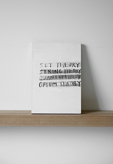 Ruth Greene, Set Theory String Theory Quantum Theory Opium Theory, 2012
Gesso on plywood with black acrylic artists inkÂ  , 9.75 x 6.75 x 1/2 inches (25 x 17 x 1 cm)