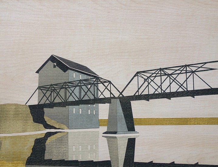 William Steiger, Mill, River, Bridge, 2018
Collage of cut paper, gouache, wood, glue
18 x 22.5 inches (46 x 57 cm)
